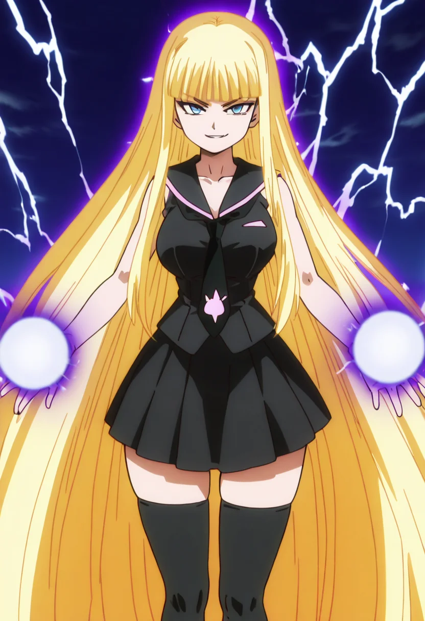 masterpiece, best quality, solo, curvy, beautiful eyes, aged up, large breasts, wide hips, narrow waist, 1girl, solo, smile, looking at viewer, zzEva, blue eyes, blunt bangs, blonde hair, long hair, very long hair, sleeveless shirt, sailor collar, necktie, black skirt, thighhighs, zettai ryouiki, ,<lora:EvangelineNegmiaOVA_IXL:1.0>, ,vivid aura, looking at viewer, blue background, smug, aura, super saiyan, charging energy, energy ball, energy, lightning, <lora:DBSBroly_Style_IXL_v2:0.6>,