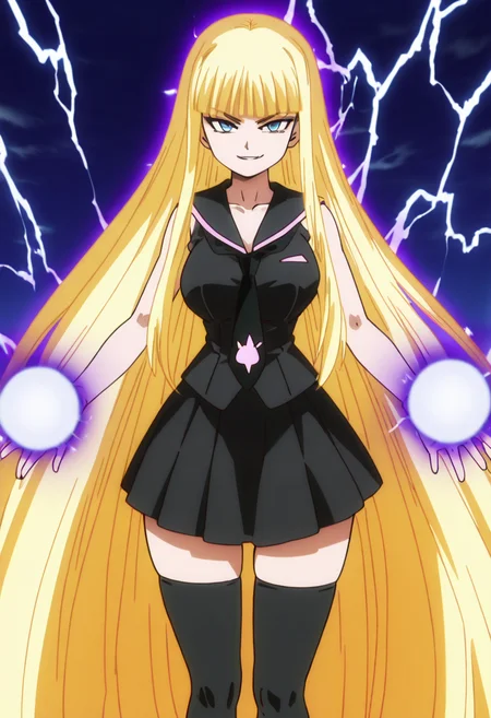 masterpiece, best quality, solo, curvy, beautiful eyes, aged up, large breasts, wide hips, narrow waist, 1girl, solo, smile, looking at viewer,  zzEva, blue eyes, blunt bangs, blonde hair, long hair, very long hair,   sleeveless shirt, sailor collar, necktie, black skirt, thighhighs, zettai ryouiki,  ,<lora:EvangelineNegmiaOVA_IXL:1.0>,   ,vivid aura, looking at viewer, blue background, smug, aura, super saiyan, charging energy, energy ball, energy, lightning, <lora:DBSBroly_Style_IXL_v2:0.6>,