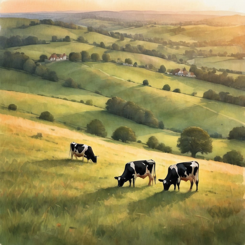 Rolling hills, golden hour, Holstein cows grazing peacefully