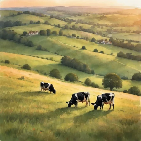 Rolling hills, golden hour, Holstein cows grazing peacefully