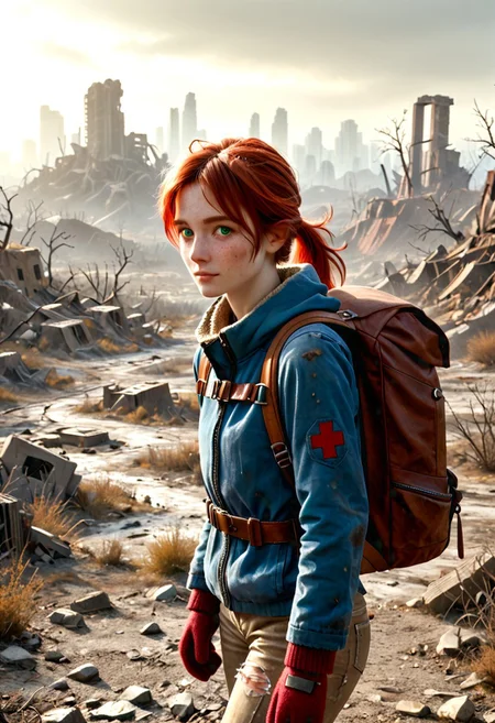 1girl, Masterpiece, 8k, ultra high detail, score_7 up, 
volumetric lighting, vivid colors, vibrant colors,  score_8_up, score_9,  small breast size, sporty red ponytail hair,  fcNeg, stunning green eyes, freckles, white skin, small nose, innocent beauty, slim face,  cute face, skinny body, perfect body, extreme detailed body, intence green eyes,  perfect face, ultra high detailed face, perfect eyes, petite, 
Cold, red dust everywhere, Wandering through ruins, searching for food and goods,  
Wasteland Tribal_Leather_Parka, fur lined, mittens, hood over head,  wasteland clothes, torn and used clothe, 
Dirty, dirty face, dirty skin, backpack filled with stuff,
  simple_big_brown_leather_backpack_full_with_stuff, 
Post Apocalyptic, big city Wasteland, skyscraper ruins,
