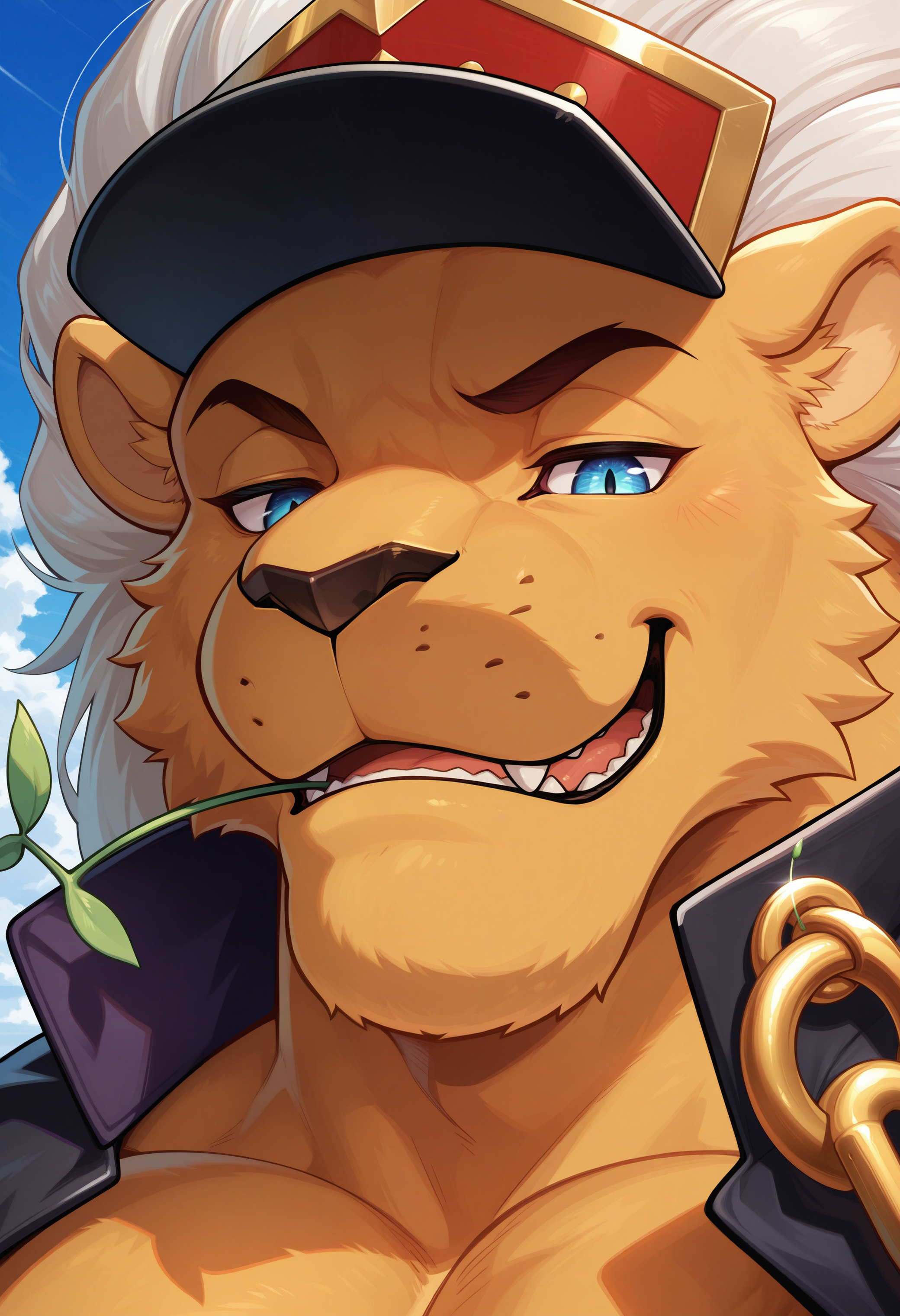 masterpiece,best quality,amazing quality, 1boy, solo, b4nch0, lion boy, hat, jacket on shoulder, stalk in mouth, close up, smug,