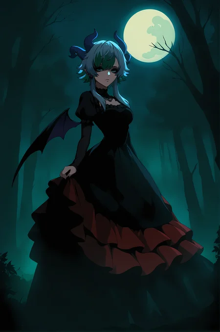 score_9,
<lora:froot_v1_pruned:1>, lichvtuber,
goth, red dress, black dress,
outdoors, forest, moon, frilled dress, bubble skirt,
looking at viewer,
high resolution, Masterpiece