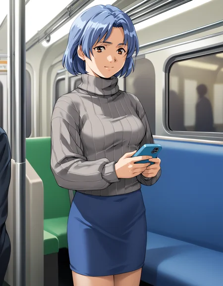 score_9, score_8_up, score_7_up, <lora:kisaku-v2-ponyxl-000010:0.85> shiraishi, blue hair, turtleneck, grey sweater, ribbed sweater, blue skirt
1girl, solo, train interior, phone, light smile