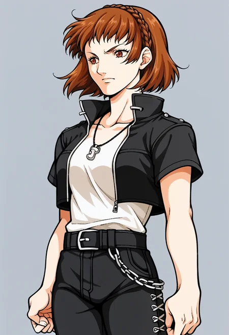 score_9, score_8_up, score_7_up, source_anime, BREAK <lora:zs_FE9PortraitsXL:1> fe9portraits, solo, cowboy shot, simple background, 1girl, <lora:MakotoP5-pdxl:1> p5sMako, short hair, crown braid, black cropped jacket, open jacket, white shirt, medium breasts, short sleeves, necklace, black pants