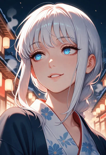 masterpiece, best quality, amazing quality, very aesthetic, flat colors, (artist:rain_rkgk:1), (artist:Tsuaii:1),
female portrait, close up, 1girl, solo, makima (chainsaw man), long hair, smile, bangs, blue eyes, braid, white hair, braided ponytail, ringed eyes, kimono, close up, waist up, posing, looking away, parted lips, steam, cold weather, foggy, night time, street, walking, dynamic angle, natural light,