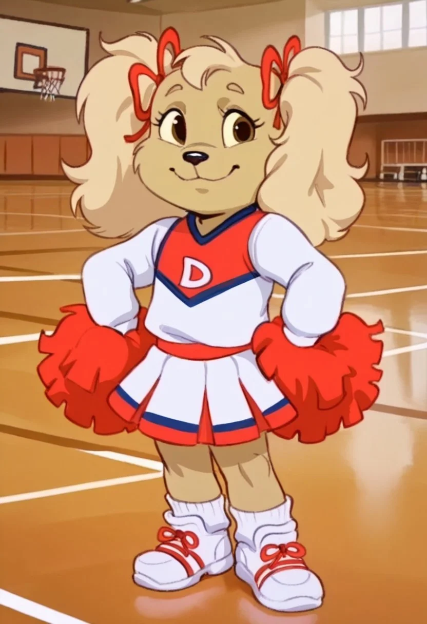 dottydog, 1girl, anthro, furry, pigtails, hairbows, cheerleader outfit with a large red colored letter "D", pose, looking at viewer, smiling, closed mouth, red and white shoes, indoors, school, basketball court