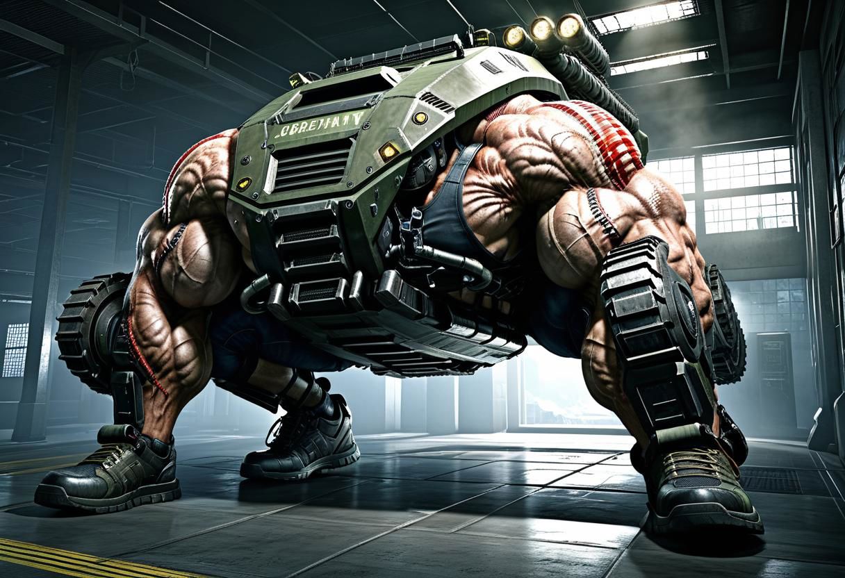 a cybermutant with tank treads for legs,realistic,game cg,scene from resident evil