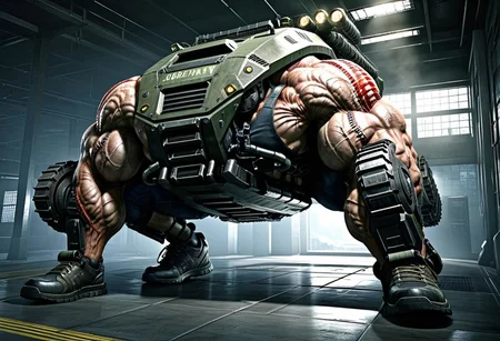 a cybermutant with tank treads for legs,realistic,game cg,scene from resident evil