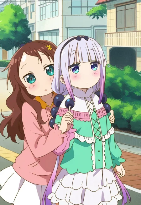 score_8, score_8_up, score_7_up, source_anime,  BREAK 2girls, female focus, Kanna,  black hairband, blue eyes, long hair, gray hair, capelet, hairband, blunt bangs, dress, long sleeves, Saikawa, brown hair, long hair, hair ornament, aqua eyes, hairclip, flower, hair flower, green shirt, skirt, yuri, blush, holding hands, upper body, outdoors, street, sidewalk,