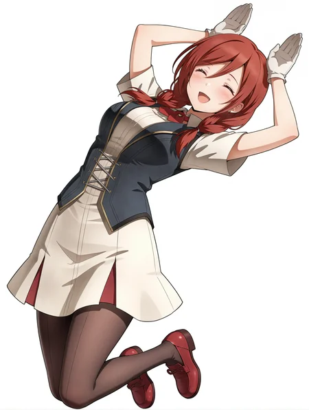 masterpiece,best quality,newest,
1girl,solo,
<lora:t_hibari_b_ilxl_v1.1:1>,t_h_b,red hair,twin braids,brown eyes,
h_clothes,red ascot,white gloves,black vest,white skirt,black_pantyhose,red footwear,
<lora:Fixhands_anime_bdsqlsz_V1:1>,open mouth,:d,blush,arm_above_head,rabbit pose,jumping,closed eyes,laughing,dynamic_angle,cinematic_angle,white_background,simple_background,
