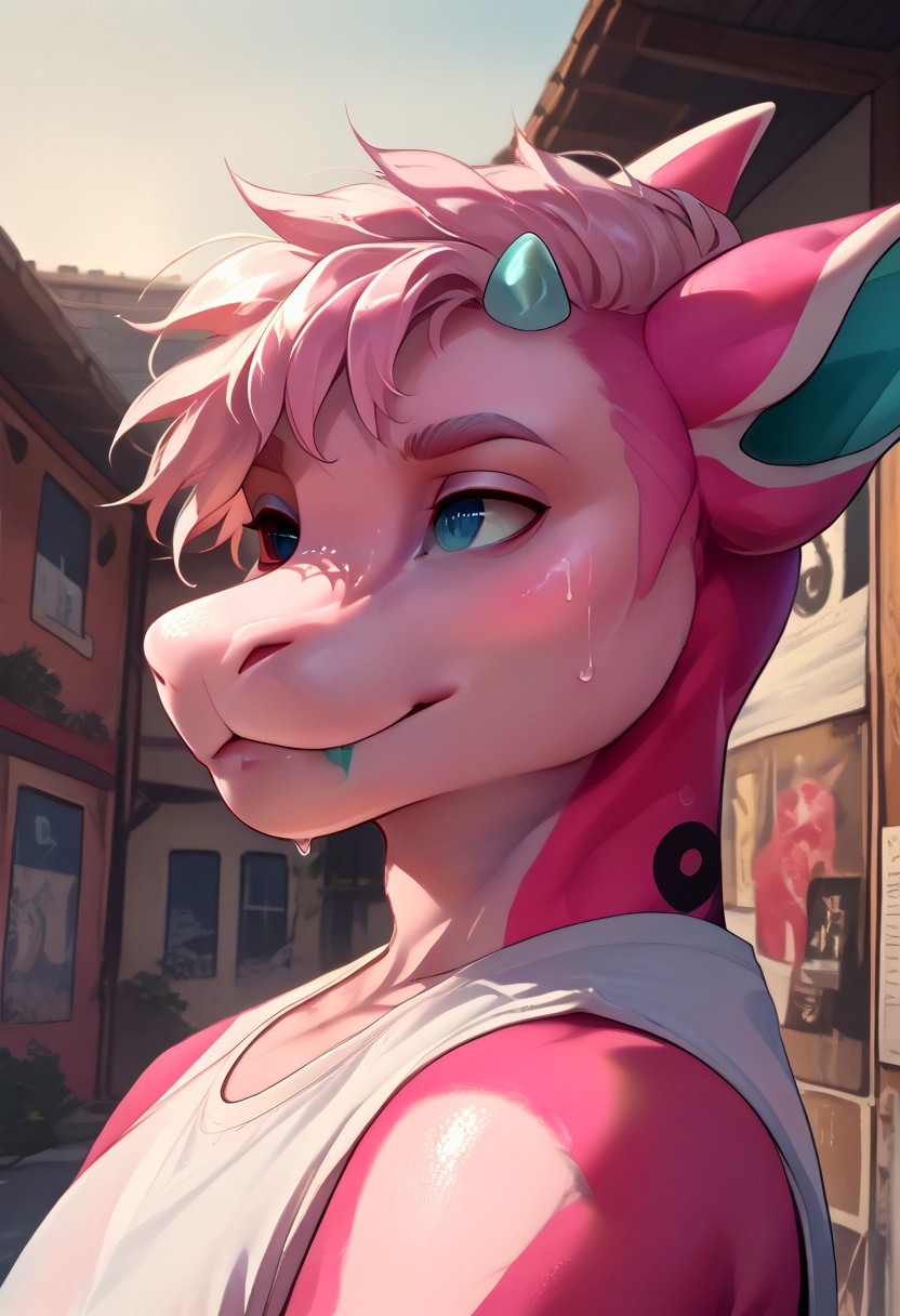 score_9, score_8_up, score_7_up, (by shinodage), outdoor, sexy, sweat, dutch angle, looking aside, high quality, hires, solo, anthro, furry, detailed background, detailed eyes, emotional, easynegative, Split Lighting style,
lumi_senpaiithon, dragon, horns, pink body, anthro, hair, blue tongue, 1boy, heterochromia, smile, colored sclera, black sclera, pink skin, male focus, wings