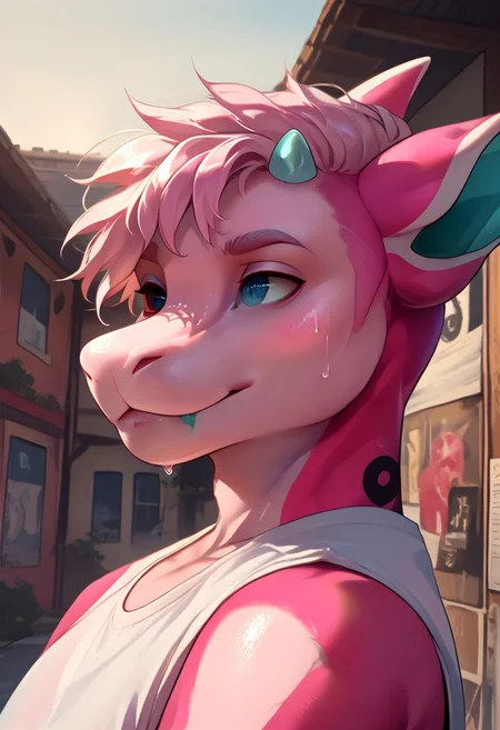 score_9, score_8_up, score_7_up, (by shinodage), outdoor, sexy, sweat, dutch angle, looking aside, high quality, hires, solo, anthro, furry, detailed background, detailed eyes, emotional, easynegative, Split Lighting style,
lumi_senpaiithon, dragon, horns, pink body, anthro, hair, blue tongue, 1boy, heterochromia, smile, colored sclera, black sclera, pink skin, male focus, wings
