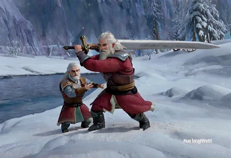 geralt as a (r0b0t_s4nta_c1aus), holding a sword,
high guard sword parry stance, incoming vertical sword attack
at a frozen lake,
game screenshot,
looking at the camera,
sfw
