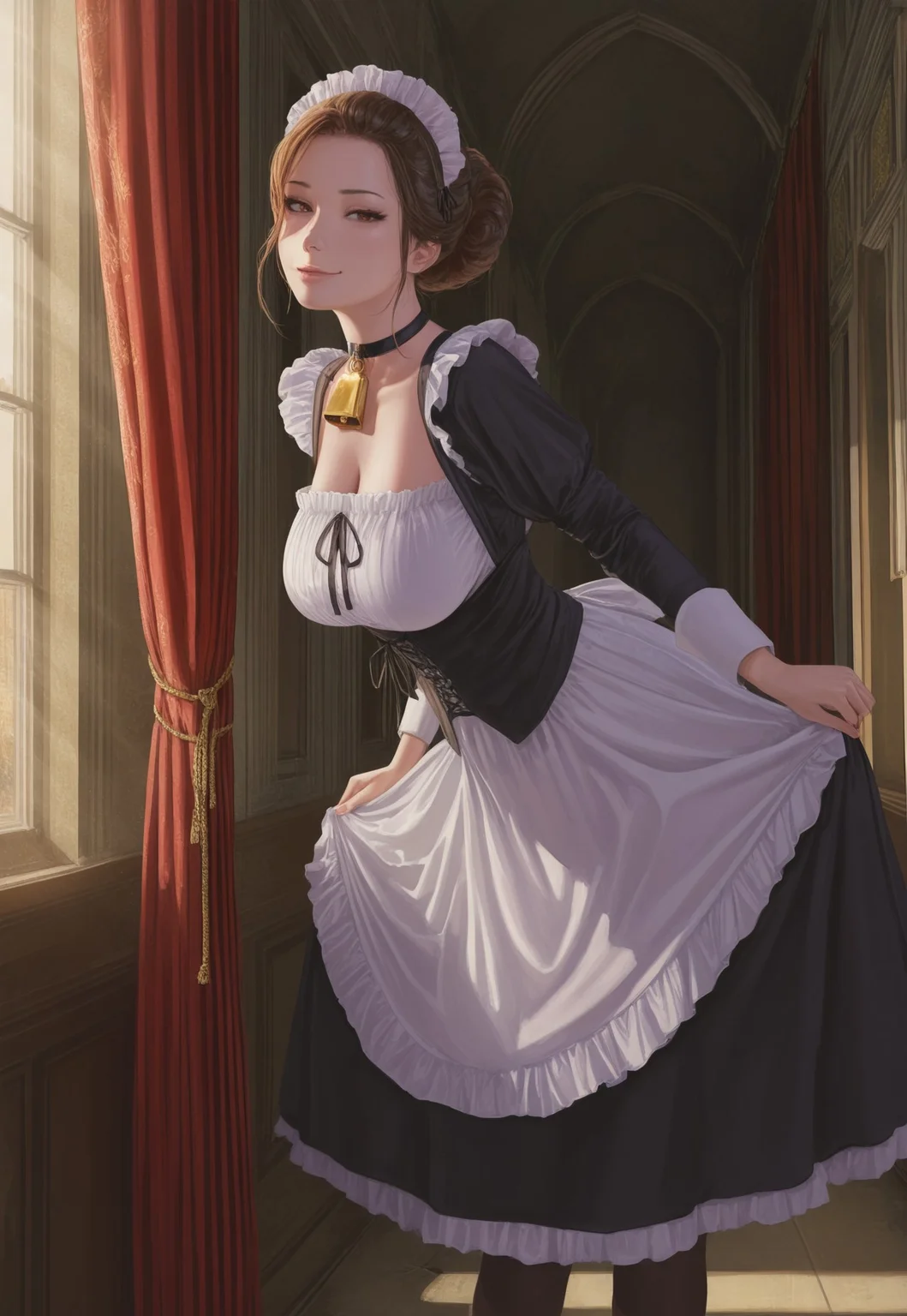 safe_pos, solo, from side, (curtsey), [leaning forward], bowing,
maid, [virgin_killer_outfit], cowbell_necklace, zettai_ryouiki, hanging_breasts,
turning head, looking at viewer, smirk, brown hair, hair bun, hair_over_one_eye,
detailed background, crack of light, light rays, dawn, hallway, mansion,
Midnight1111, realistic,
masterpiece, best quality, absurdres,
cowbell_choker, curtain, loose clothes, (pensive), looking at viewer, curious, [light_smile],
detailed background