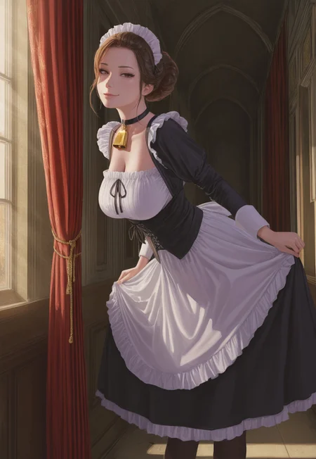 safe_pos, solo, from side, (curtsey), [leaning forward], bowing,
maid, [virgin_killer_outfit], cowbell_necklace, zettai_ryouiki, hanging_breasts,
turning head, looking at viewer, smirk, brown hair, hair bun, hair_over_one_eye,
detailed background, crack of light, light rays, dawn, hallway, mansion,
Midnight1111, realistic,
masterpiece, best quality, absurdres,
cowbell_choker, curtain, loose clothes, (pensive), looking at viewer, curious, [light_smile],
detailed background