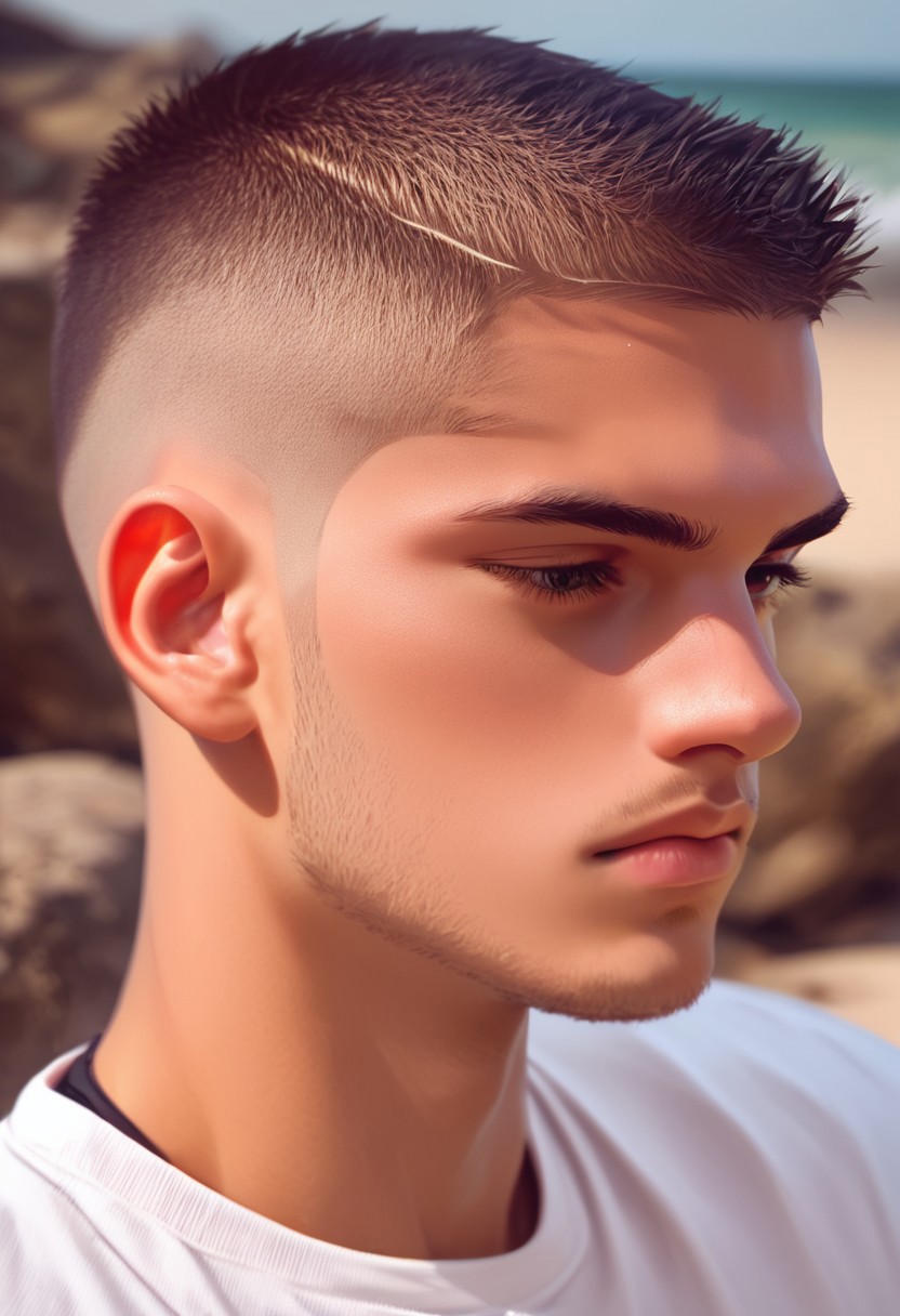 score_9,score_8_up,score_7_up, 20 yo twink posing, beach, hyperdetailed photography, headshot, buzz cut hair