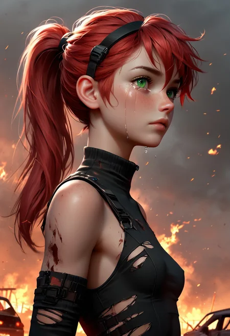 1girl, Masterpiece, 4k, ultra high detail, score_9, score_8_up, score_8, 18yo, petite, smal breast, long red ponytail hair, fcNeg, stunning green eyes, freckles, white skin, small nose, innocent beauty, slim face, skinny petite body,
Torn sport clothes
Dark sky, burning sky, nighttime, night,
Fear in her eyes, crying,
Sideview, Apocalyptic scene, burning skyscraper, burning city, derstroyed cars, a huge asteroid swarm in the sky,
Many asteroids in the sky,
End of the World,
negative_hand, NightScapes,