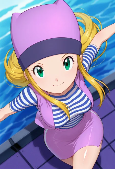 masterpiece, best quality, solo, curvy, beautiful eyes, zzIzumi, green eyes, blonde hair, long hair, purple vest, striped shirt, hat, skirt, ,<lora:OrimotoIzumiDigimon_IXL:1.0>, from above, dynamic pose, cowboy shot, smile, looking at viewer, shiny skin,
