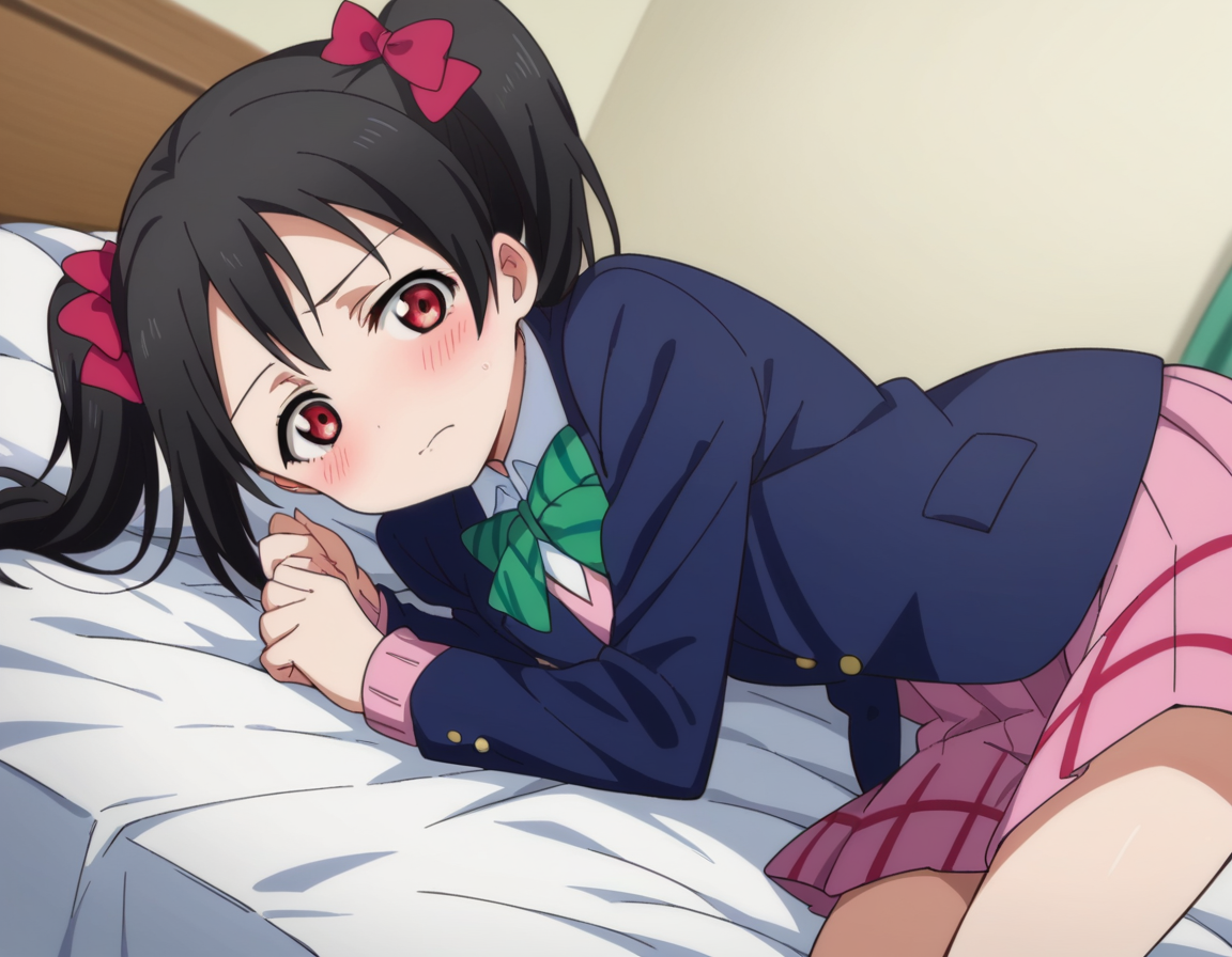 score_9, score_8_up, score_7_up, source_anime,
nikoyazawa, <lora:nico-yazawa-s1-ponyxl-lora-nochekaiser:1>,
niko yazawa, black hair, red eyes, bow, twintails, hair bow,
skirt, school uniform, jacket, blazer, winter uniform, otonokizaka school uniform,
indoors, bed, bed room, on side, blush, drunk,
looking at viewer, cowboy shot, dutch angle,