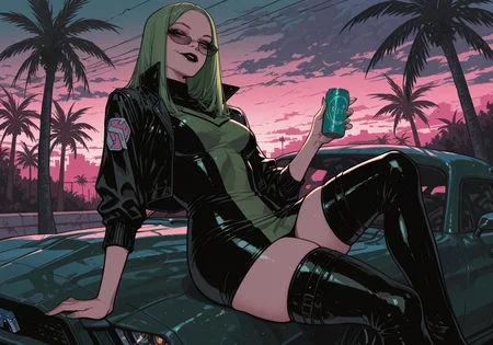 1girl, solo, detailed face, beautiful eyes, detailed eyes, Polaris, green eyes, dark lipstick, black lips, long hair, green hair, lean body, medium breasts, thick thighs, green nails, makeup,
BREAK
black retro sunglasses, cropped jacket, black leather jacket, popped collar, short dress, PDress1, thigh-highs, thigh boots, Zettai Ryōiki,
BREAK
dynamic pose, sitting, on car, on car hood, looking over eyewear, holding one can, looking at viewer, smile,
BREAK
Outdoors, 80s, black green car, motor vehicle, muscle car, (ford mustang:1.4), ford mustang (1st generation), (car out of frame:0.9), miami vice city, art deco neon hotels, palm trees, pink and teal sunset, urban environment, detailed background,
BREAK
(safe_pos, fine texture, masterpiece, ultra-detailed, very aesthetic, absurdres, volumetric lighting, scenery, newest, absolutely eye-catching, vivid colors, rating_explicit), usnr, Sinozick_illu,gradient,spot color, artist:moriimee,
BREAK.