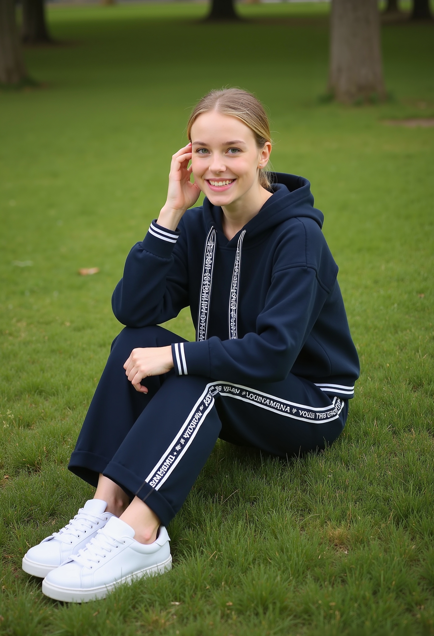 beautiful young woman, smiling, ponytail, clo015, wearing a navy-blue hoodie with graphic ribbon details and white accents, wide trousers with side stripes and a bold text detail, white platform sneakers, sitting in the gras in a park, from above