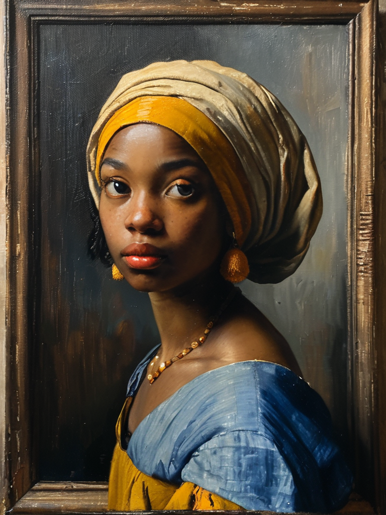 masterpiece,best quality,<lora:tbh122-sdxl:0.9>,portrait of man,oil painting,style of Jan Vermeer,black girl,