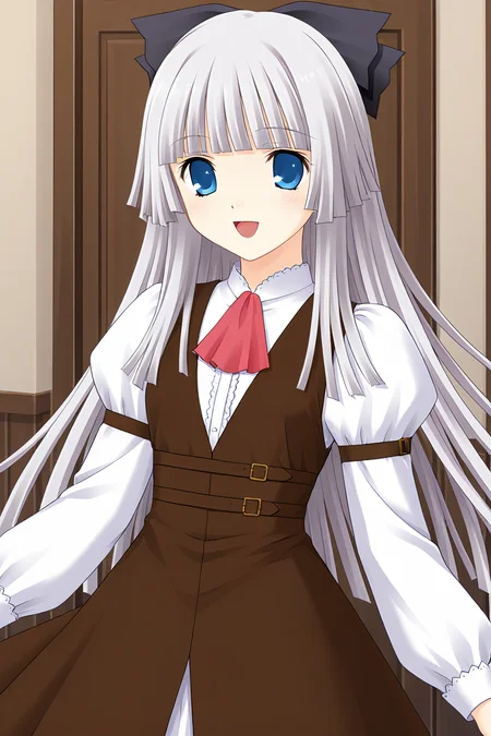 masterpiece, best quality, absurdres, official art, official style, rating general BREAK <lora:rokujoumiyaho_IL_v1:0.7>, rokujou miyaho, 1girl, solo, blue eyes, grey hair, very long hair, blunt bangs, hime cut, straight hair, blunt ends, sidelocks, hair bow, black bow, small breasts,
red ascot, pink ascot, pinafore dress, brown dress, sleeveless dress, white shirt, dress shirt, collared shirt, center frills, buttons, juliet sleeves, sleeve garter, arm belt, brown belt, belt buckle, smile, open mouth, looking at viewer, :d, cowboy shot, alternate color, dynamic pose, dancing, spread arms, arms at sides, wind lift, floating hair, indoors