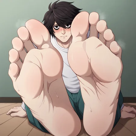 safe_pos, safe_pos, masterpiece, best quality, amazing quality, very aesthetic, absurdres, newest, male focus, solo focus, BREAK
L Lawliet, shy expression, blushing, sweating, nervous, Lawliet sitting on the floor of his bedroom showing off the soles of his sexy smooth sweaty bare feet BREAK
sitting on the floor, lean twink, feet in frame, barefoot, soles shown, toes, male feet, big feet, five toes on each foot, perfect toes, sexy feet. long legs, male focus, foot focus, foot fetish, foot steam, foot stink steam, BREAK, indoors, boys bedroom, full frontal view, sweating, 1boy,solo, male focus, 1boy, black hair, bags under eyes, messy hair, black eyes, NegfeetV2, L_Lawliet