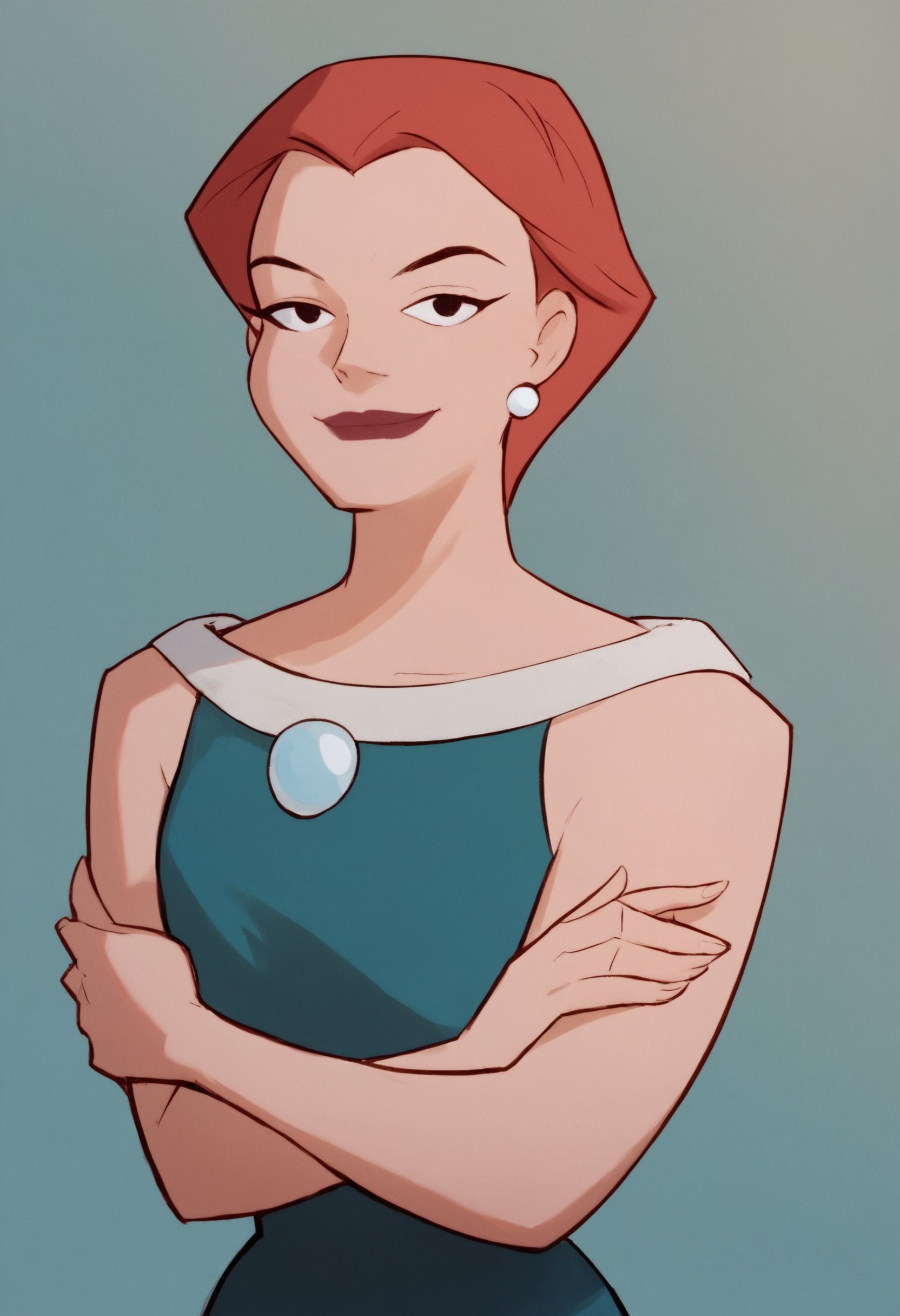 <lora:MaryMcGinnisBatmanBPony1.0:1> marymcginnis, 1girl, short hair, solo, red hair, jewelry, earrings, green dress, lipstick,smile, crossed arms,  score_9, score_8_up, score_7_up, score_6_up, score_5_up, score_4_up, looking at viewer, cowboy shot,simple background,