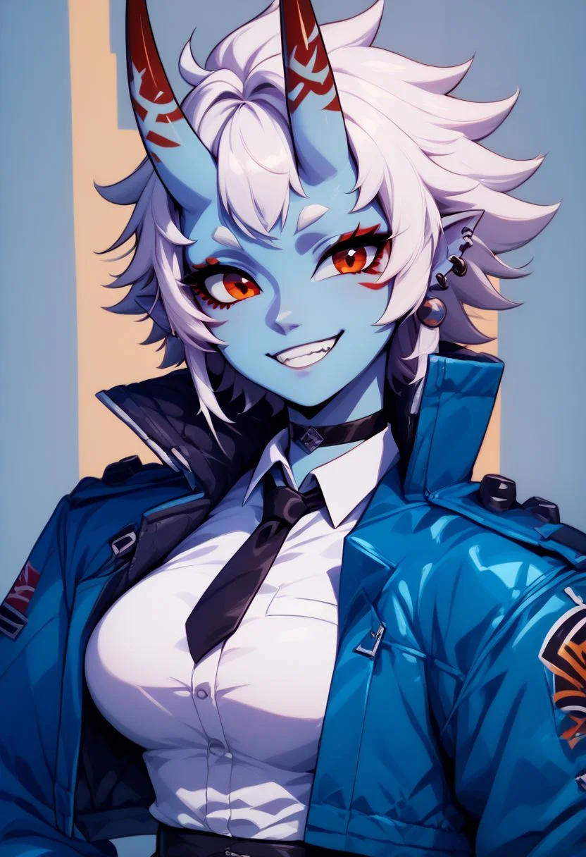 score_9, score_8_up, score_8, big breasts, (curvy), cute, eyelashes,
BREAK,
soukaku, red eyes, blue skin, white hair, short hair, horns, oni, black choker, blue jacket, white collared shirt, black tie, black skirt,
soukaku, looking at viewer, smile, short hair, shirt, holding, jewelry, jacket, white shirt, upper body, weapon, earrings, necktie, teeth, choker, collared shirt, grin, open jacket, black choker, piercing, blue jacket, ear piercing, black necktie,
zPDXL,