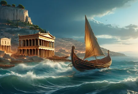 Masterpiece, high res, best quality,
In the foreground, close-up: a small ancient Greek trireme with one mast sails towards an ancient Greek city with a harbor on its shore visible in the background. Low hills covered with cypresses rise behind the city. The sea is rest. Night is falling, the wind is getting stronger
Soft colors, light veil of mystery