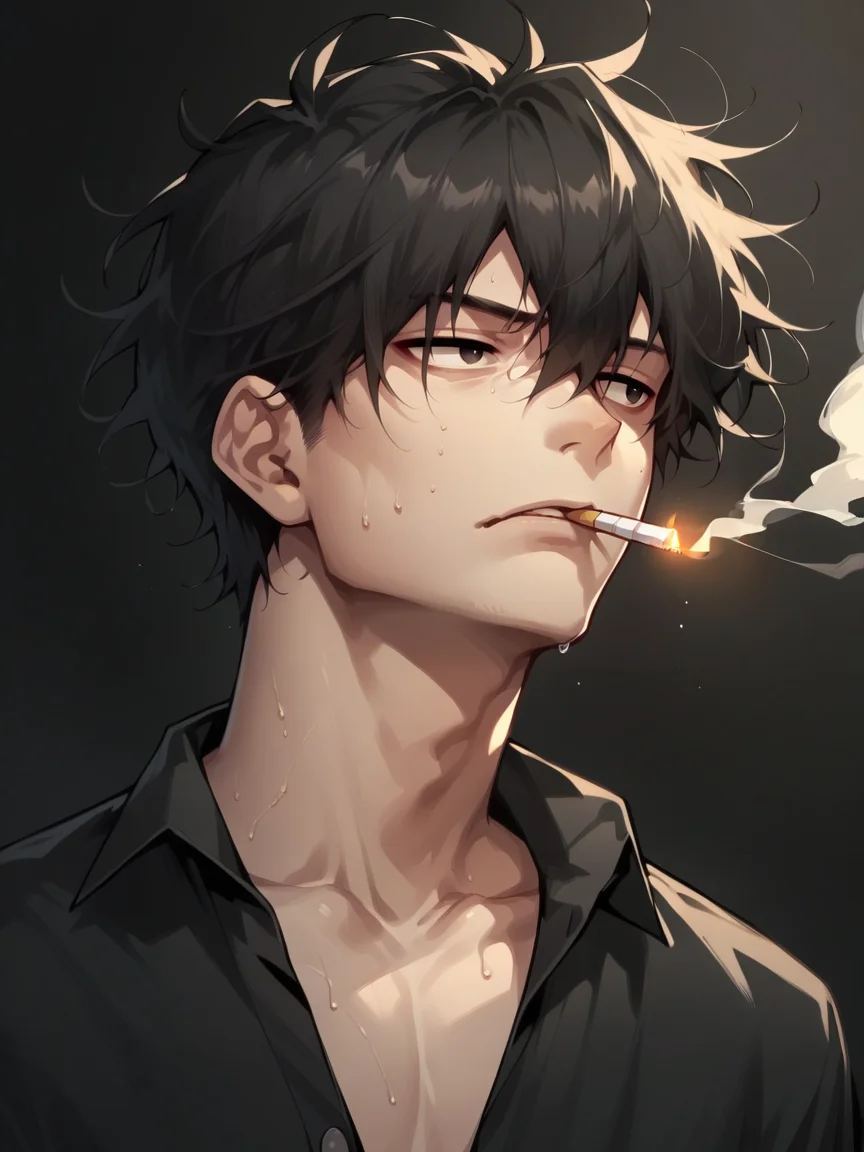 score_9, score_8_up, score_7_up, score_6_up, score_5_up, <lora:cigarette2XLP:1> 1boy, male focus, solo, cigarette, shirt, black hair, smoking, messy hair, short hair, collared shirt, black shirt, upper body, collarbone, mouth hold, smoke, simple background, sweat, looking away, hair between eyes, black background, partially unbuttoned, black eyes