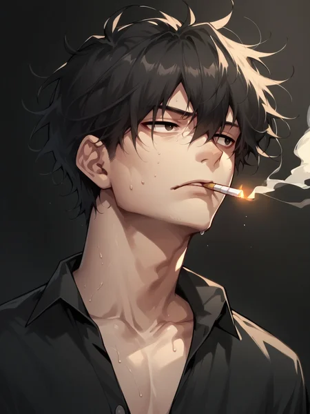 score_9, score_8_up, score_7_up, score_6_up, score_5_up, <lora:cigarette2XLP:1> 1boy, male focus, solo, cigarette, shirt, black hair, smoking, messy hair, short hair, collared shirt, black shirt, upper body, collarbone, mouth hold, smoke, simple background, sweat, looking away, hair between eyes, black background, partially unbuttoned, black eyes