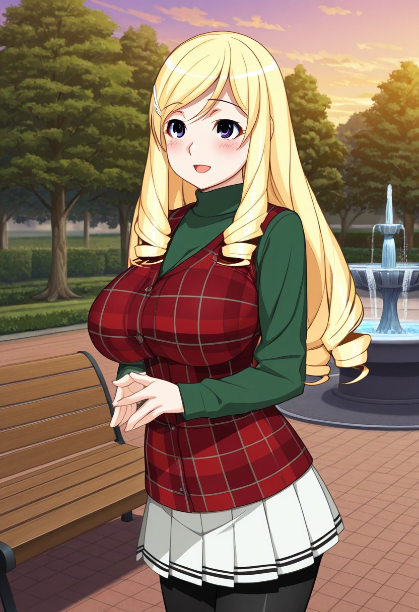 score_9,score_8_up,score_7_up,source_anime,5_figner,2d_animation,game cg,BREAK,1girl,solo,
Kujou Ruri,
blond hair,drill hair,long hair,parted to side,Ringlet,large breast,
green turtleneck,plaid,black pantyhose,white skirt,pleated skirt,plaid red vest,
cowboy shot,smile,blush,openmouth,
park,cloud,fountain,tree
outdoor,park,bench,light,morning,
masterpiece,best qualit,ultra-detailed,illustration,an extremely delicate and beautiful,beautiful detailed eyes,unity 8k wallpaper,high resolution,anime CG,official_art,