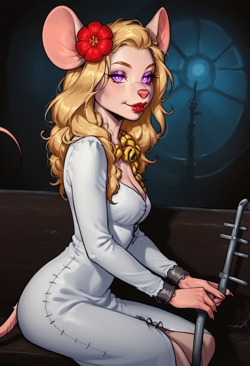 score_9, score_8_up, score_7_up, BREAK, Lahwinie, old vampire castle background, 1girl, mouse girl, Frankenstein mouse girl, solo, long blonde hair, petite, slender, wide hips, long white dress, medium breasts, frankenstein outfit, slender, seductive, purple eyes, sitting on bench, glowing eyes, mouse anthro, mouse tail, one tail, mouse ears, mouse legs, 3/4 side view, looking at viewer, monster mouse girl, flower in hair, red lips, [Concept Art], ExpressiveH, [eye lighting, dark night, spooky]