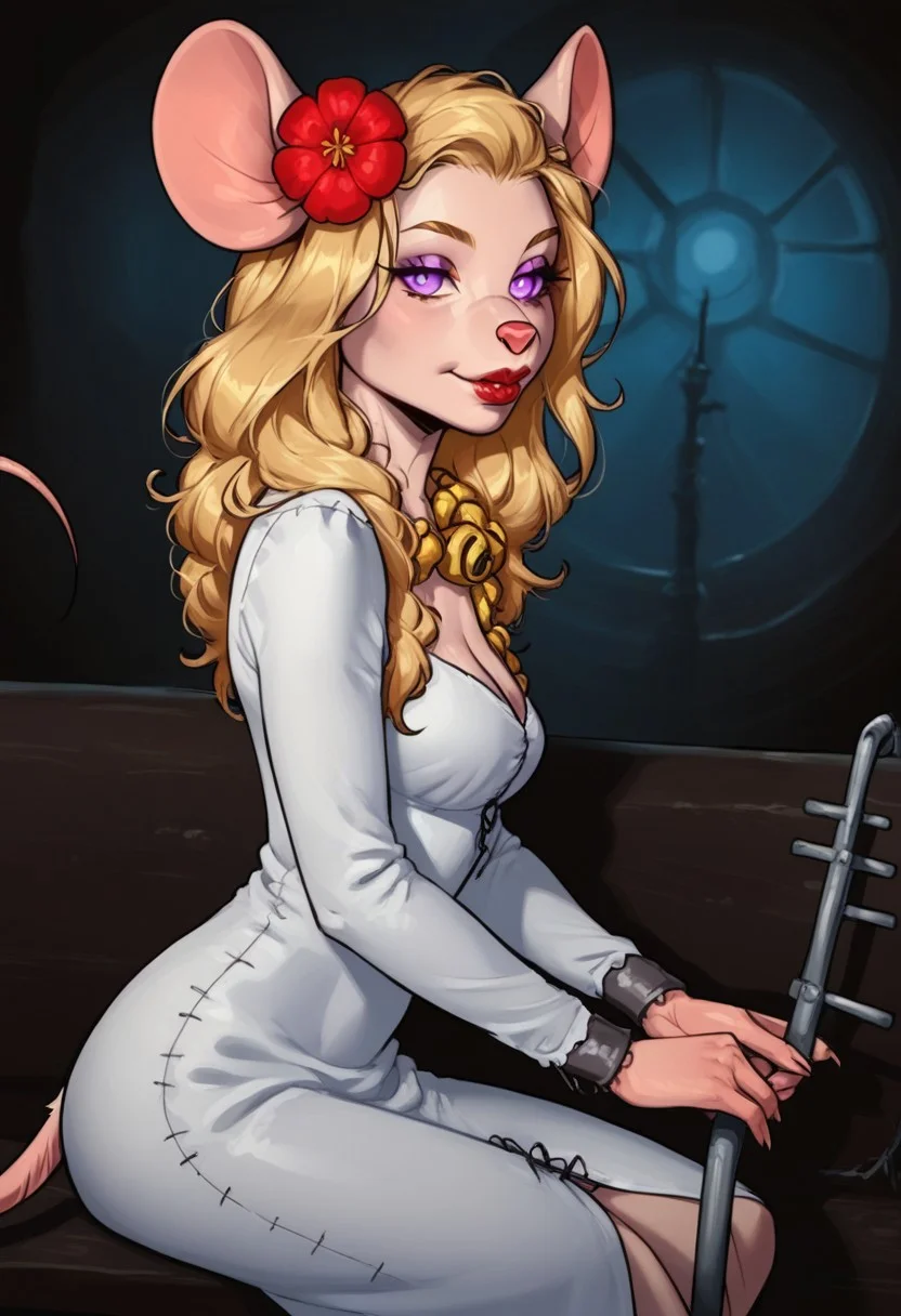 score_9, score_8_up, score_7_up, BREAK, Lahwinie, old vampire castle background, 1girl, mouse girl, Frankenstein mouse girl, solo, long blonde hair, petite, slender, wide hips, long white dress, medium breasts, frankenstein outfit, slender, seductive, purple eyes, sitting on bench, glowing eyes, mouse anthro, mouse tail, one tail, mouse ears, mouse legs, 3/4 side view, looking at viewer, monster mouse girl, flower in hair, red lips, [Concept Art], ExpressiveH, [eye lighting, dark night, spooky]