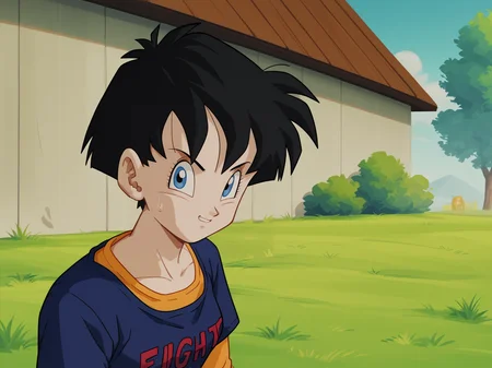 Videl, 1girl, short hair, dark blue shirt, long sleeved orange shirt, black hair, clothes writing, white sweatpants, <lora:Videl-prodigy-7:0.8>, score_9, score_8, score_8, solo, portrait, looking at viewer, outdoors, grass