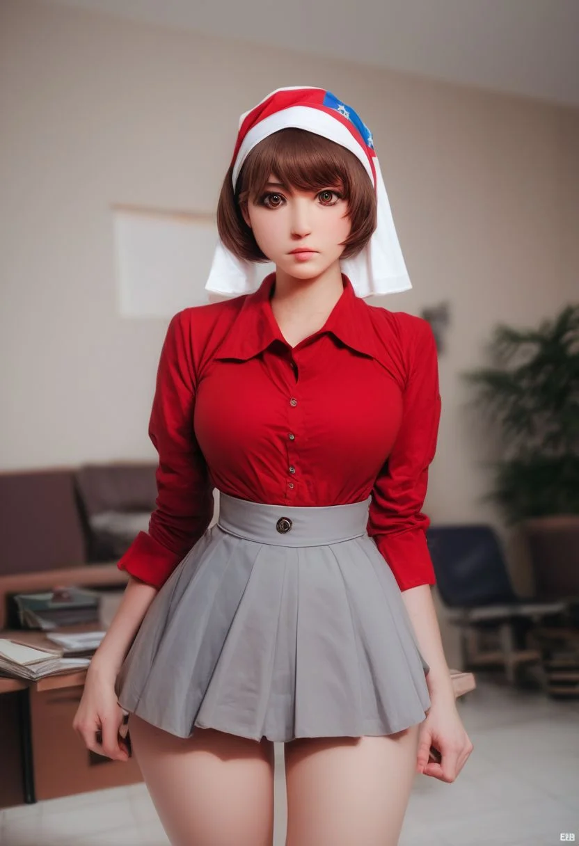 score_9, score_8_up, score_8, fFaceDetail, rating_questionable, raw, photo, realistic, jlullaby
1girl, Russia, large hips, wide hips, big breasts, thick thighs, thin waist, perfect face, brown eyes
Brown hair, wispy bangs, short hair, brown eyes
office set, red shirt,folded sleeves, white collar, gray skirt, red headscarf as band
Looking at viewer
living room background