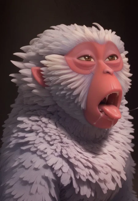 1girl, furry, female japanese macaque, ape, primate girl, anthro, white fur, dark pink skin, pink ears, brown eyes, grey hands, grey feet, Expressiveh, realistic, 3d, score_8_up, score_7_up, BREAK, 1girl, solo, closeup, tongue out, mouth open, horny, saliva