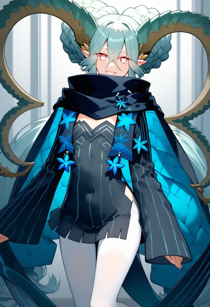 score_9, score_8_up, score_7_up, professional anime,1girl,female,solo,(Tiamat from fate grand order),horns, pointy ears, blue hair, symbol-shaped pupils, pink eyes, double bun, braid, twintails, scarf, short dress, black dress, long sleeves, sleeves past fingers, white pantyhose, tail,petite girl,short female,short girl,petite female,age regression, perfect body,smile,room