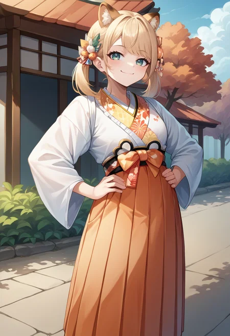 score_9, score_8_up, source_anime, IrohaNewYears, racoon ears, animal ear fluff, twintails, floral print, kimono, orange hakama skirt, outdoors, standing, hands on hips, proud, smug, <lora:CHAR-KazamaIrohaPonyXL:1>