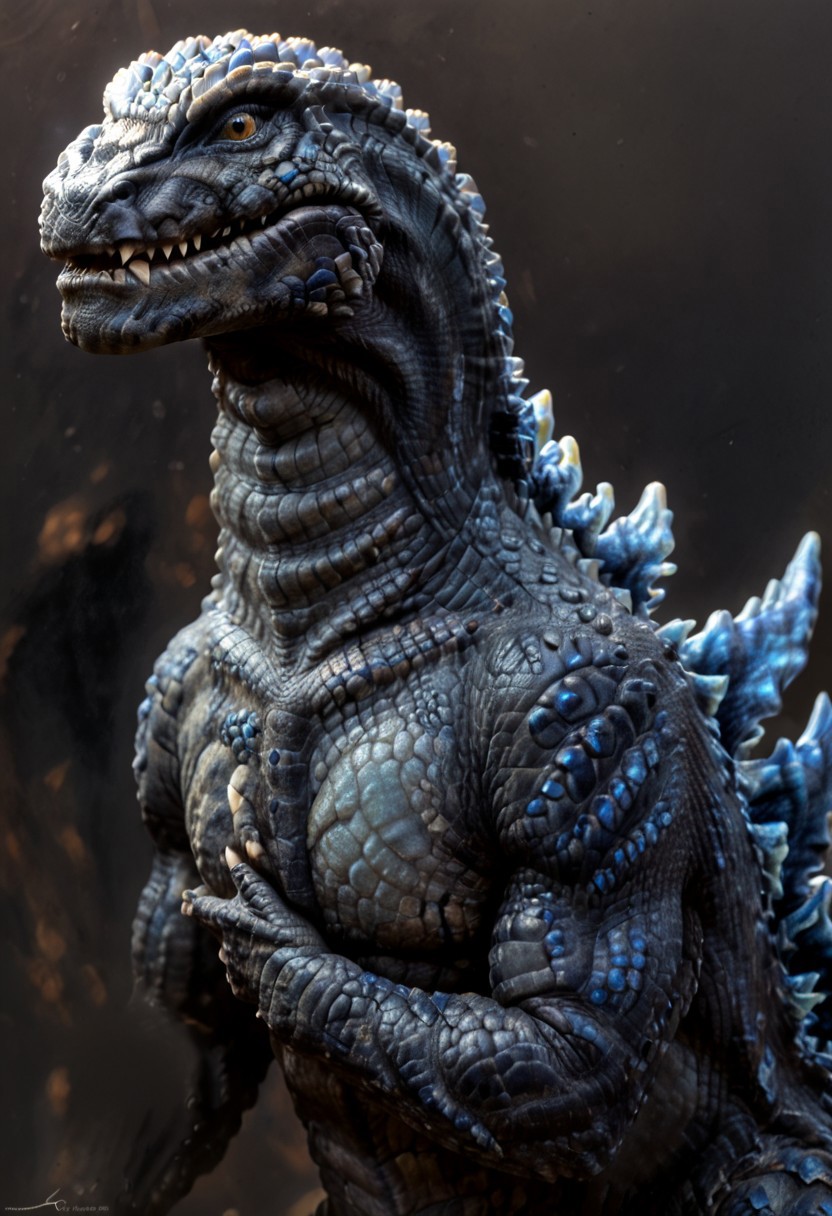 score_9, score_8_up, score_7_up, solo, 1man, giant dinosaur Godzilla, close up, sharp teeth, spines, blue spines, feral, realistic scales, detailed scale texture, black snake skin, solo,furry male, solo, plantigrade, upper body, solo, cinematic setting, extremely detailed, Macro detailed realism style photograph, 3DMM, full body, salamander monster, slender neck,