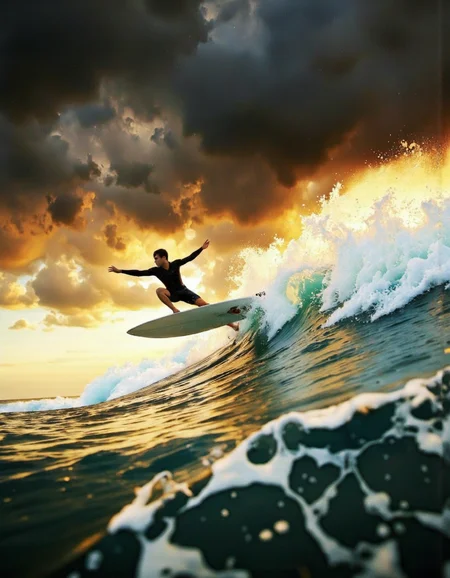 wavefun. A photo-realistic shoot from a side camera angle about a surfer riding a wave during sunset. the image features a boy in the middle of the frame, with short brown hair and a slim build, wearing a black wet suit. he is sitting on a white surfboard and is in the air, with his arms stretched out to the sides. the boy is facing away from the camera, with a focused expression on his face. the background is a beautiful sunset with orange and yellow hues, and the sky is filled with dark, stormy clouds. the ocean waves are crashing around the boy, creating a dynamic and powerful scene. the lighting is dramatic, with the colors blending together to create a sense of depth and dimensionality. <lora:Wind_&_waves_:0.8>