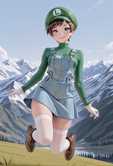 masterpiece, best quality, absurdres,
smolluici, jumping high, smiling at viewer, 
green shirt, overall skirt, Luigi hat, brown boots, white gloves, white thighhighs,
from front, full_body_view,
outside, mountain,
