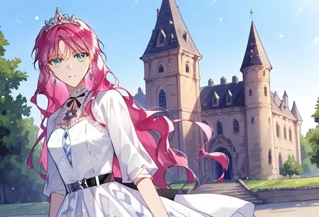 score_9, score_8_up, score_7_up, score_6_up, source webtoon, webtoon, best quality, (masterpiece), soft body, official art, [illustration], realistic, vibrant colors, saturation, detailed, detailed background, BREAK PenelopeEckhart, ice blue eyes, pink hair, long hair, medium breasts, outdoors, castle, palace, white dress, black belt, tiara,