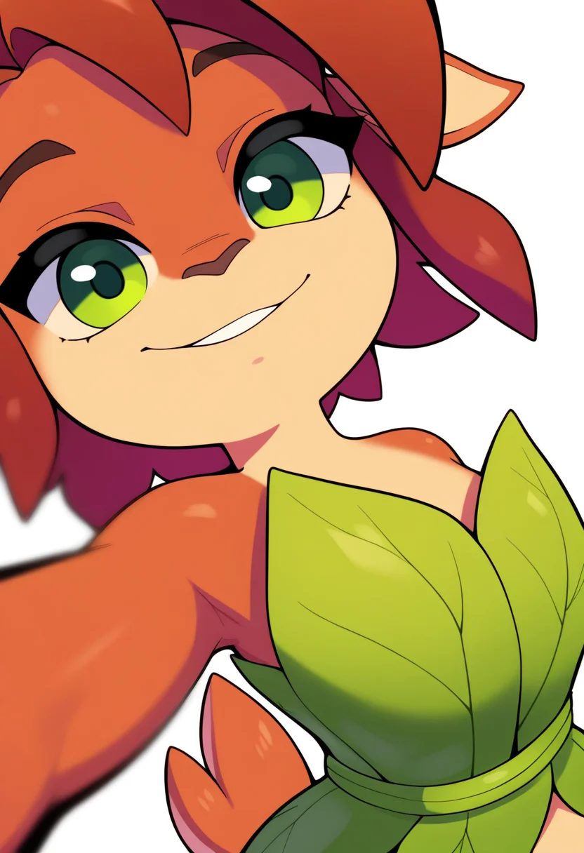 best quality, amazing quality, very aesthetic, absurdres,
1girl, elora, faun \(spyro\), red hair, mammal, anthro, deer, green eyes, 
leaf dress, tail,
standing, upper body, 
smile, looking at viewer, solo, simple background, white background,    <lora:EloraNoobXL_byKonan:1>