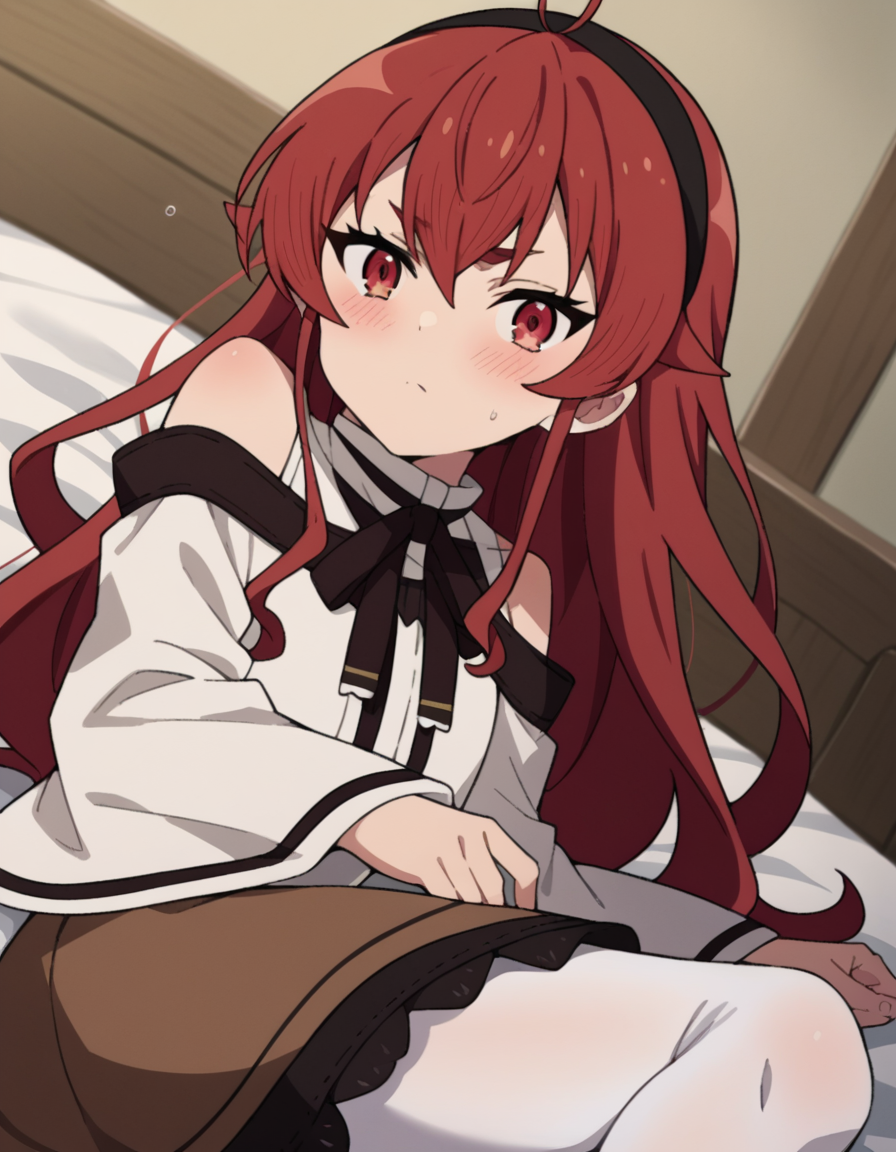 score_9, score_8_up, score_7_up, source_anime,
erisgreyrat, <lora:eris-boreas-greyrat-s1-ponyxl-lora-nochekaiser:1>,
eris greyrat, ahoge, hair between eyes, long hair, red eyes, red hair, sidelocks,
black hairband, black ribbon, brown skirt, hairband, long sleeves, neck ribbon, pantyhose, ribbon, shirt, shoulder cutout, skirt, white pantyhose, white shirt, wide sleeves,
indoors, bed, bed room, on side, blush, drunk,
looking at viewer, dutch angle, cowboy shot,