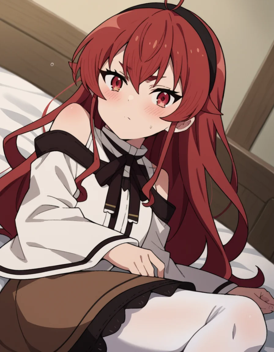 score_9, score_8_up, score_7_up, source_anime,
erisgreyrat, <lora:eris-boreas-greyrat-s1-ponyxl-lora-nochekaiser:1>,
eris greyrat, ahoge, hair between eyes, long hair, red eyes, red hair, sidelocks,
black hairband, black ribbon, brown skirt, hairband, long sleeves, neck ribbon, pantyhose, ribbon, shirt, shoulder cutout, skirt, white pantyhose, white shirt, wide sleeves,
indoors, bed, bed room, on side, blush, drunk,
looking at viewer, dutch angle, cowboy shot,