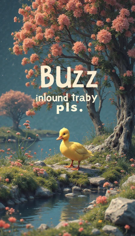 (stylized by Roman Polanski:1.3) and (James Bidgood:1.0) and (Kim Ki-Duk:0.8) and (Bong Joon Ho:0.7) , artistic cinematic still, award winning, best quality, establishing shot of a (.cr2, a cute yellow duck walking along the side of a pond. large eyes. beautiful flowering tree nearby. large white outlined text in the center of the image says "buzz pls".:1.3) , majestic, centered Autochrome background, desolate Field of poppies and Sagittarius constellation in background, Hazy conditions, split diopter, Cel shading, Regret, Queercore Art, Motion blur, F/2.8, Agfacolor, Gold Leafing, Paint splotches, highly detailed, lovely, alluring